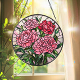Pink Carnation Stained Glass Suncatcher, Round Floral Window Hanging, Mother’s Day Gift, Elegant Garden Panel for Flower Lovers
