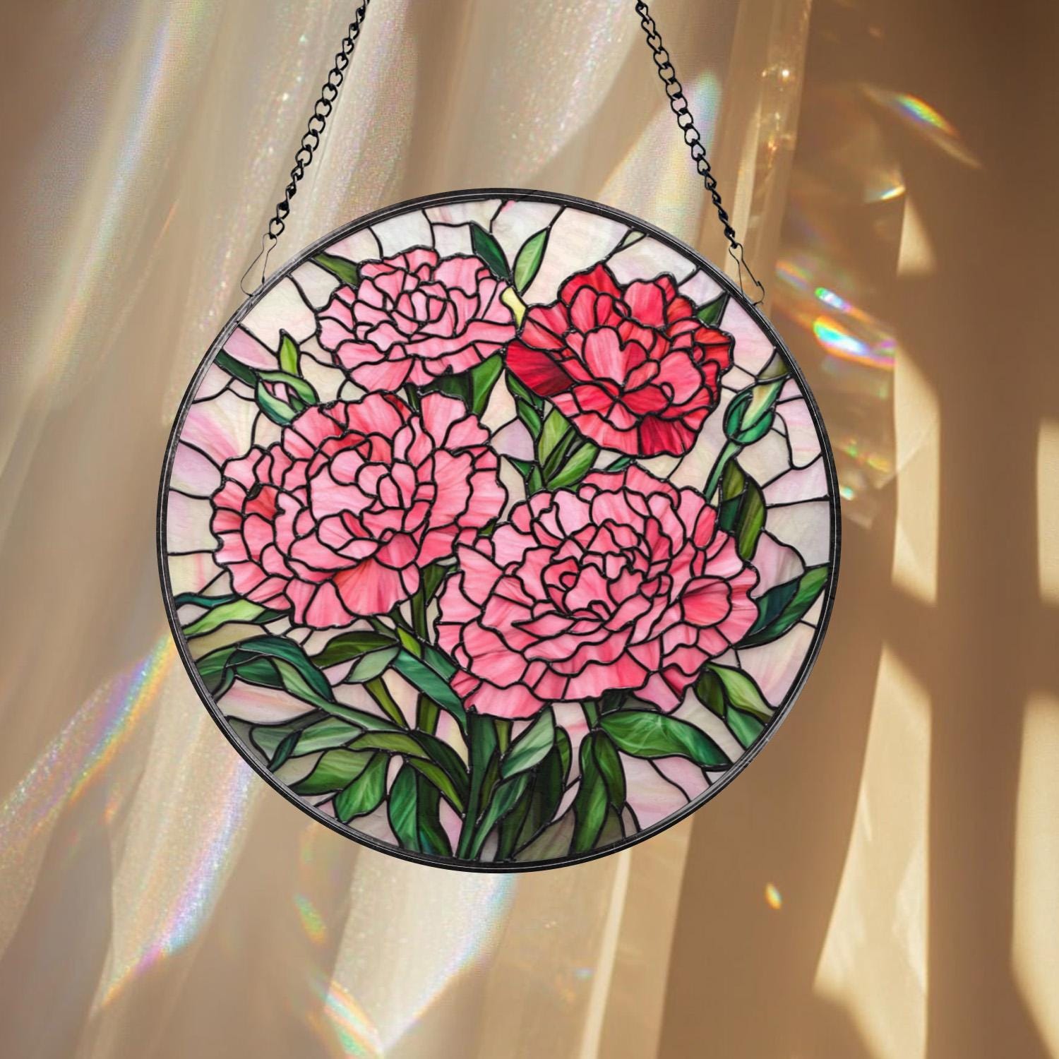 Pink Carnation Stained Glass Suncatcher, Round Floral Window Hanging, Mother’s Day Gift, Elegant Garden Panel for Flower Lovers