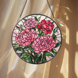 Pink Carnation Stained Glass Suncatcher, Round Floral Window Hanging, Mother’s Day Gift, Elegant Garden Panel for Flower Lovers