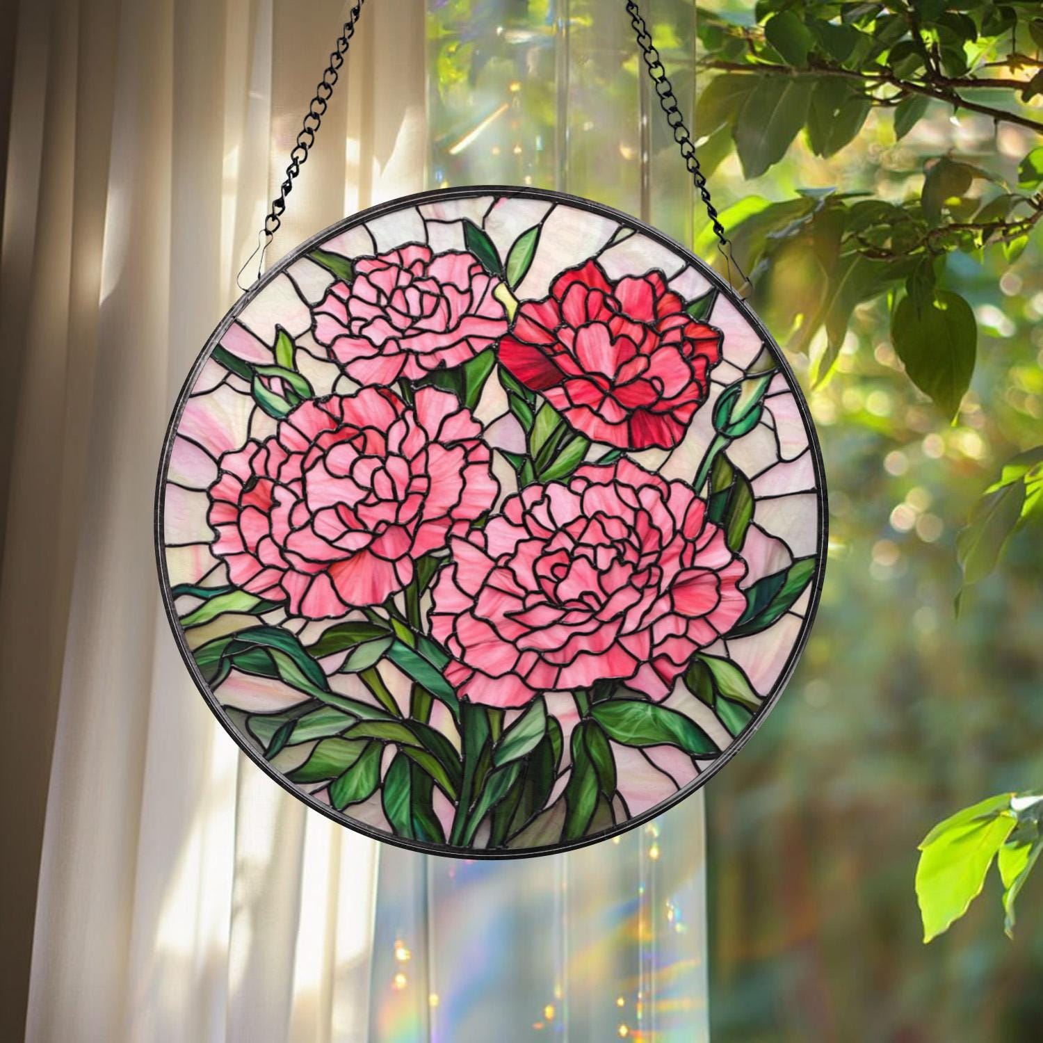 Pink Carnation Stained Glass Suncatcher, Round Floral Window Hanging, Mother’s Day Gift, Elegant Garden Panel for Flower Lovers