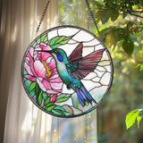 Hummingbird and Pink Peony Stained Glass Suncatcher, Floral Round Window Hanging Panel, Garden Bird Decor, Nature Lover Gift, Spring Art