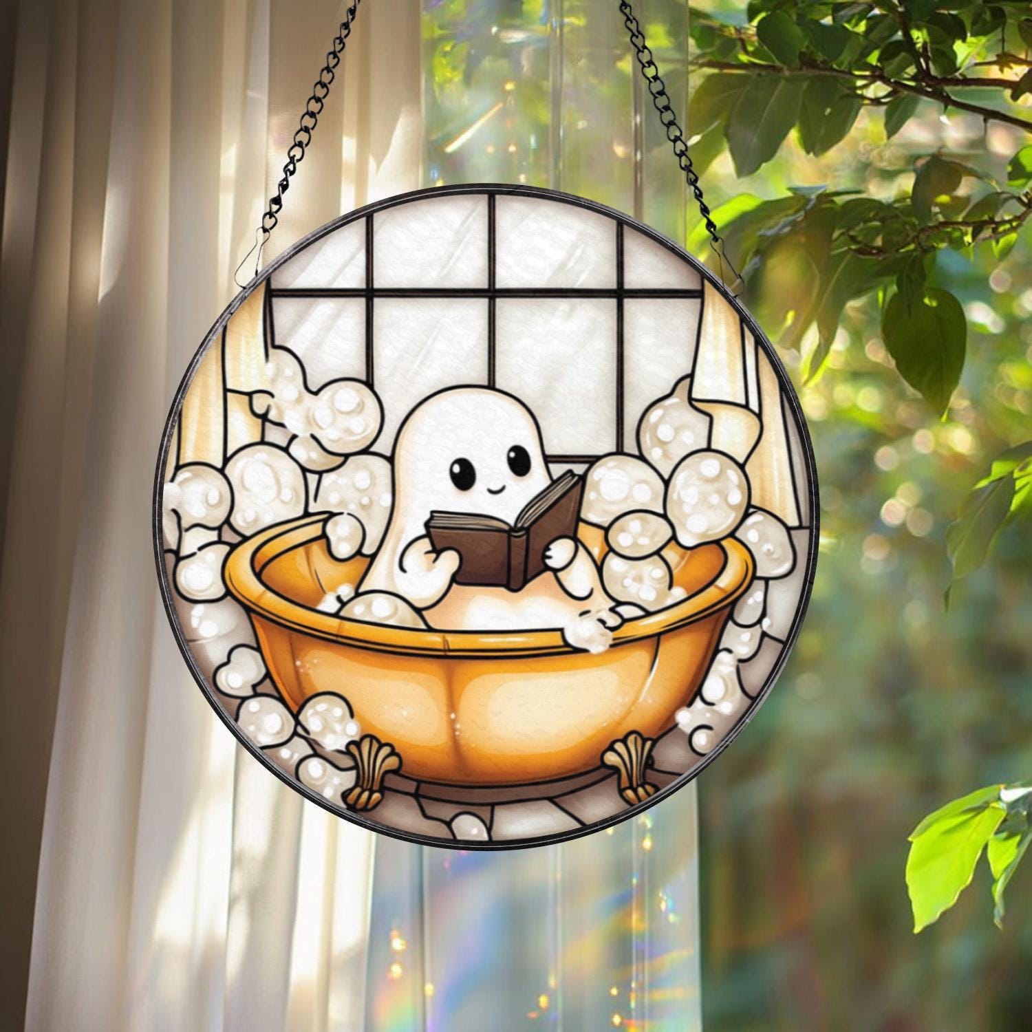 Cute Ghost in Bathtub Stained Glass Suncatcher, Funny Reading Ghost Bathroom Decor, Book Lover Window Panel, Spooky Cute Halloween Gift
