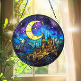Night Castle Stained Glass Suncatcher, Fantasy Moon and Stars Round Panel, Enchanted Window Decor for Book Lovers, Fairy Tale Wall Art