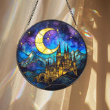 Night Castle Stained Glass Suncatcher, Fantasy Moon and Stars Round Panel, Enchanted Window Decor for Book Lovers, Fairy Tale Wall Art
