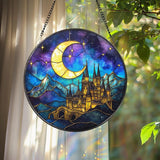 Night Castle Stained Glass Suncatcher, Fantasy Moon and Stars Round Panel, Enchanted Window Decor for Book Lovers, Fairy Tale Wall Art