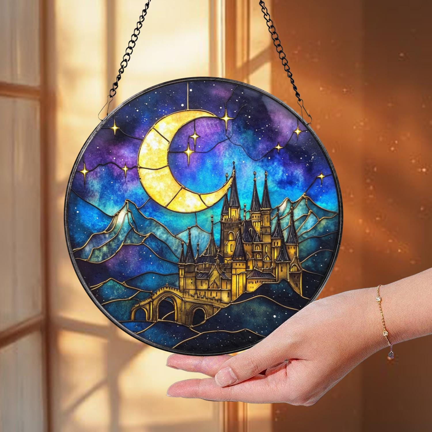 Night Castle Stained Glass Suncatcher, Fantasy Moon and Stars Round Panel, Enchanted Window Decor for Book Lovers, Fairy Tale Wall Art
