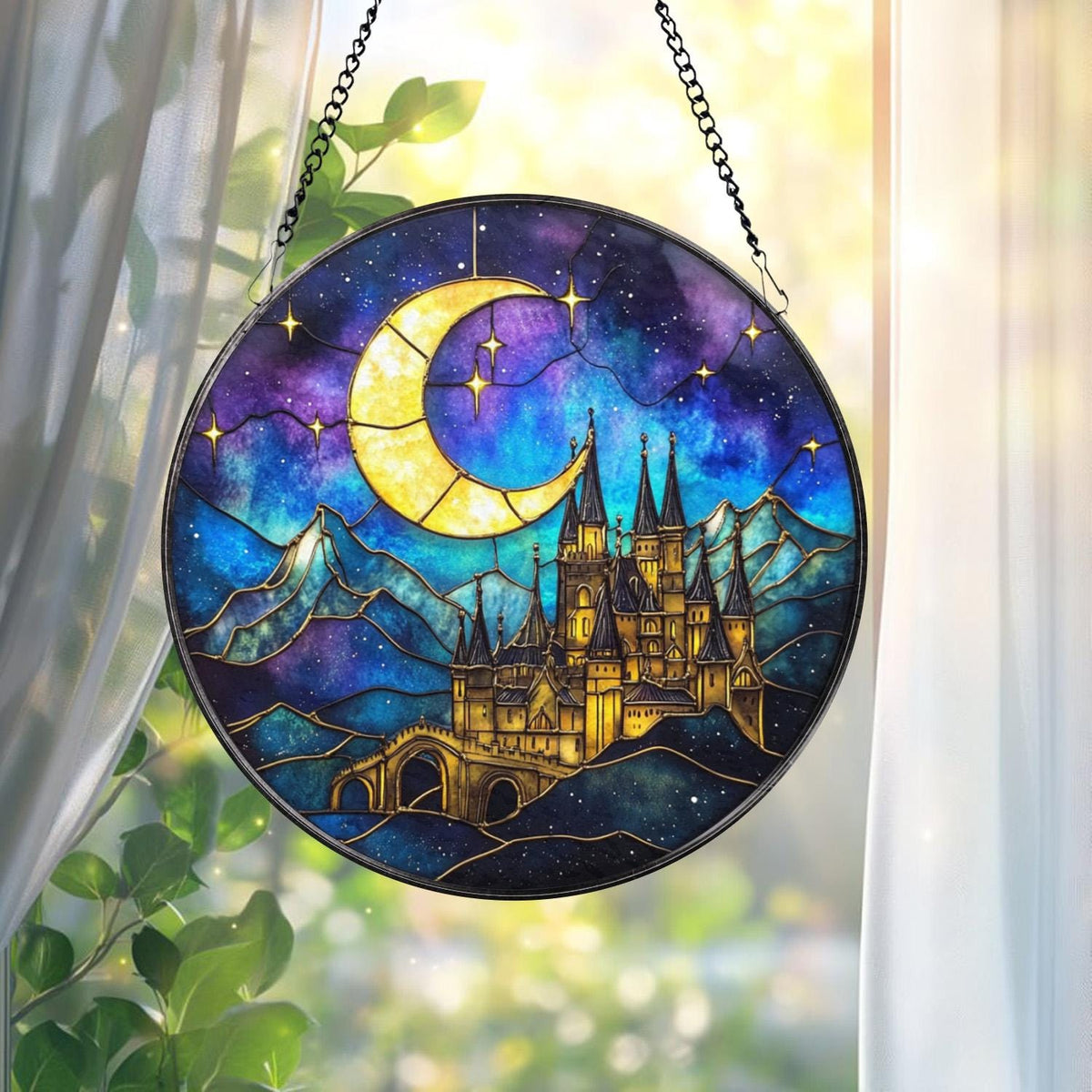 Night Castle Stained Glass Suncatcher, Fantasy Moon and Stars Round Panel, Enchanted Window Decor for Book Lovers, Fairy Tale Wall Art