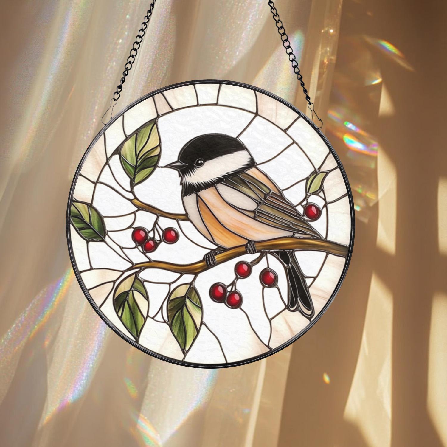 Chickadee Bird Stained Glass Suncatcher, Round Window Hanging Panel, Black-Capped Chickadee Decor, Nature Lover Gift, Bird Art Glass