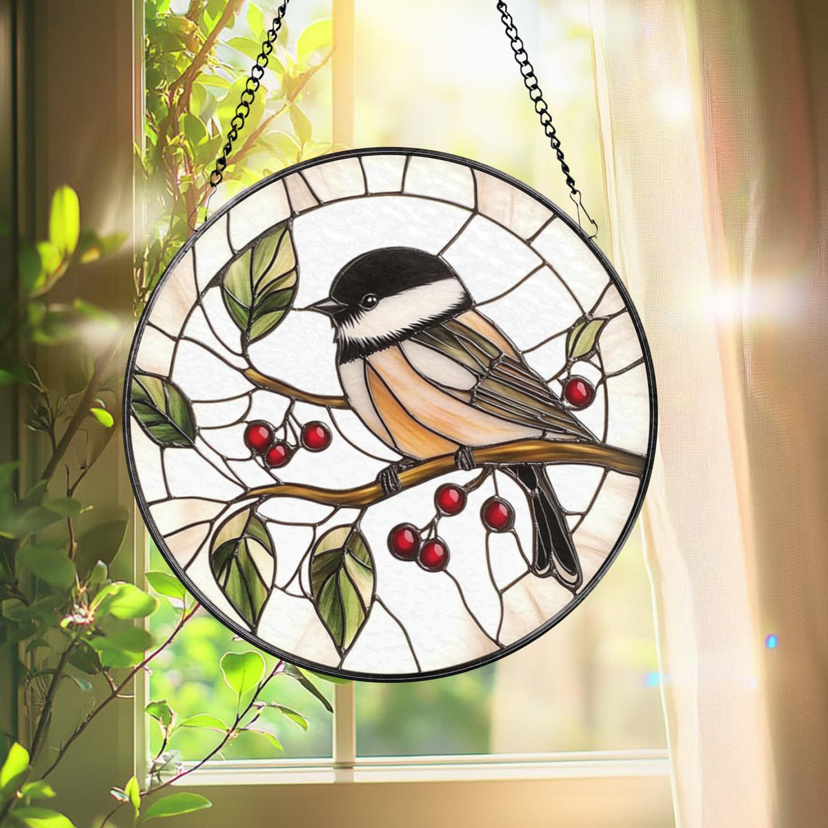 Chickadee Bird Stained Glass Suncatcher, Round Window Hanging Panel, Black-Capped Chickadee Decor, Nature Lover Gift, Bird Art Glass