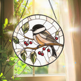 Chickadee Bird Stained Glass Suncatcher, Round Window Hanging Panel, Black-Capped Chickadee Decor, Nature Lover Gift, Bird Art Glass