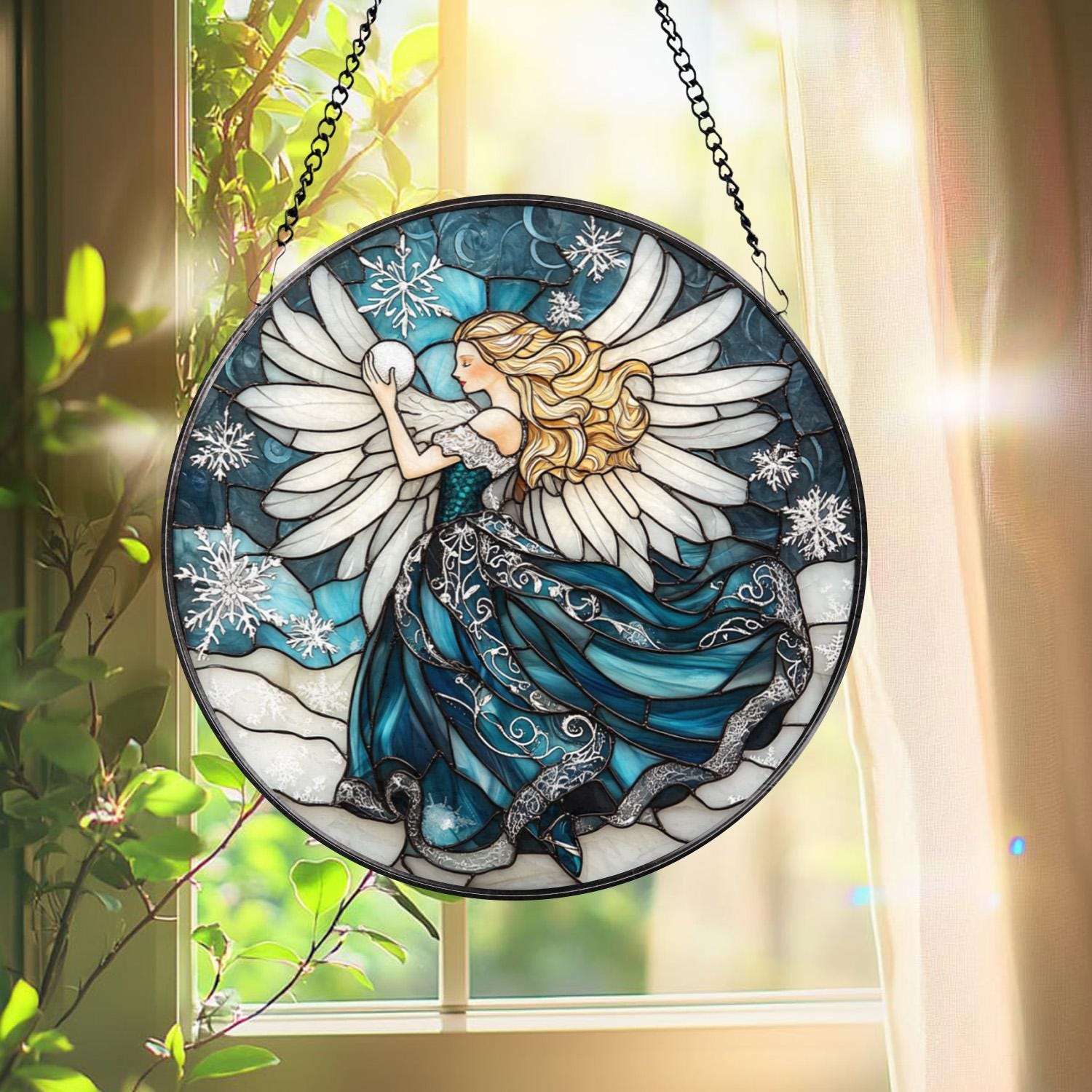 Chickadee Bird Stained Glass Suncatcher, Round Window Hanging Panel, Black-Capped Chickadee Decor, Nature Lover Gift, Bird Art Glass