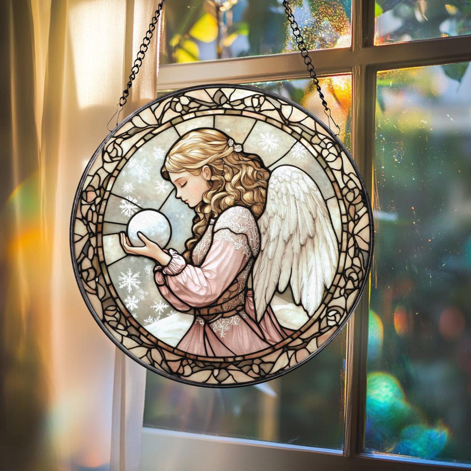 Winter Angel Stained Glass Suncatcher, Christmas Snow Window Panel, Praying Angel Sun Catcher Gift, Holiday Decor for Peaceful Home Vibes