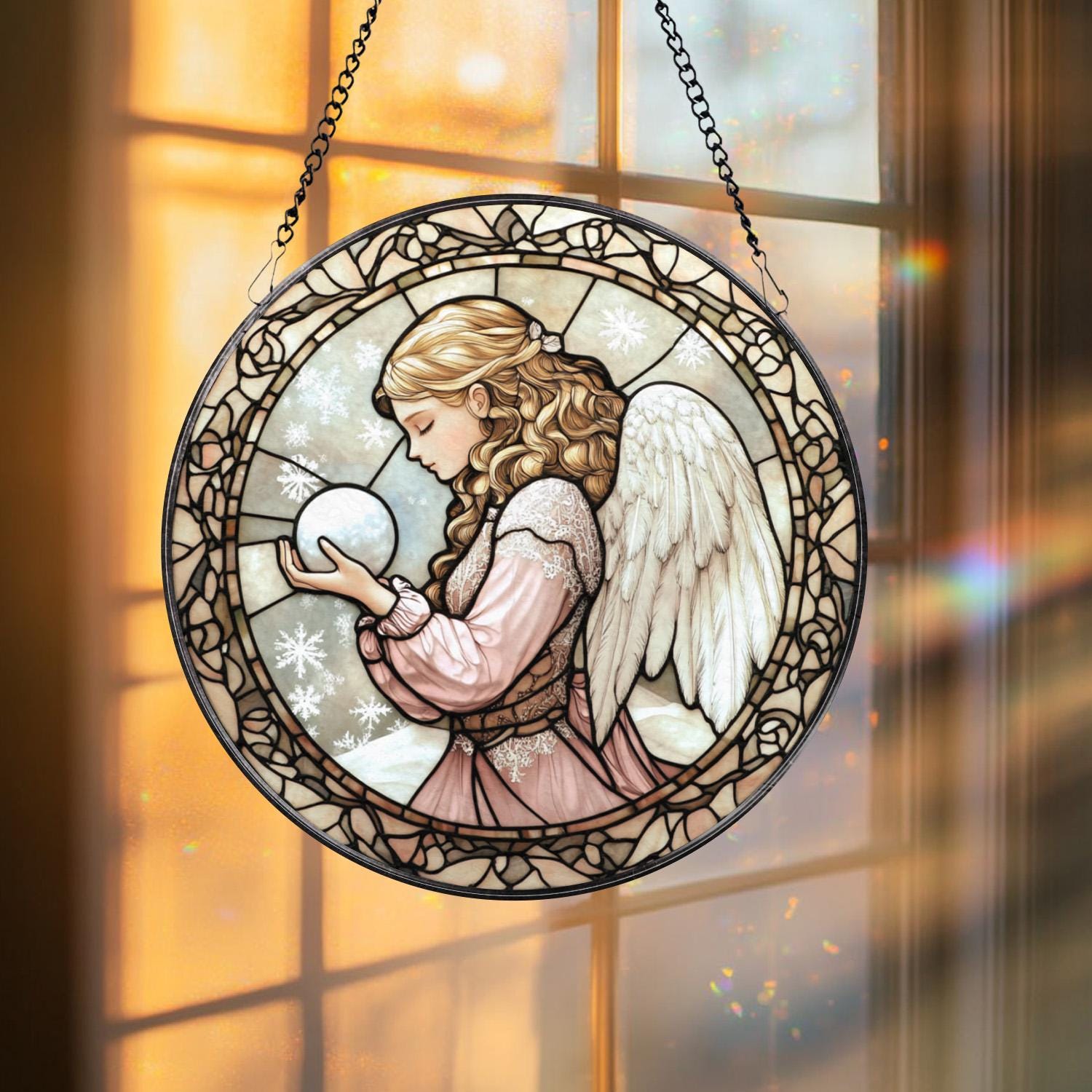 Winter Angel Stained Glass Suncatcher, Christmas Snow Window Panel, Praying Angel Sun Catcher Gift, Holiday Decor for Peaceful Home Vibes