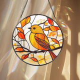 Yellow Songbird Autumn Leaves Suncatcher, Fall Stained Glass Bird Panel, Round Window Hanging Decor for Nature and Bird Lovers