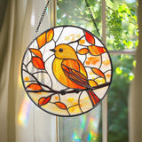 Yellow Songbird Autumn Leaves Suncatcher, Fall Stained Glass Bird Panel, Round Window Hanging Decor for Nature and Bird Lovers
