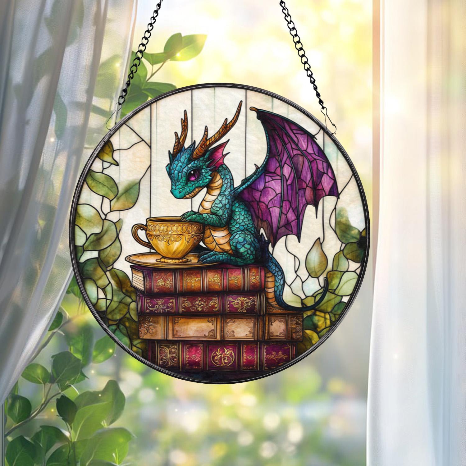 Fantasy Dragon Stained Glass Suncatcher, Cute Teal Dragon with Tea Cup on Books, Mystical Window Panel Gift for Bookworms and Fantasy Lovers