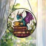 Fantasy Dragon Stained Glass Suncatcher, Cute Teal Dragon with Tea Cup on Books, Mystical Window Panel Gift for Bookworms and Fantasy Lovers
