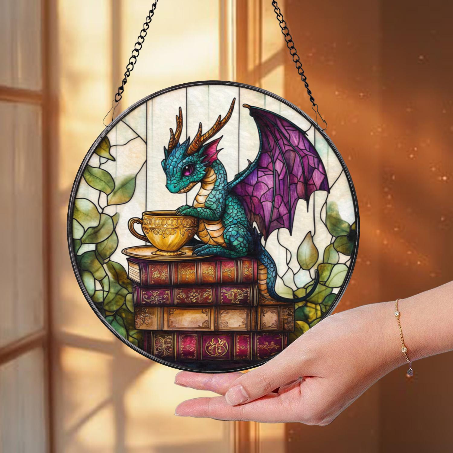 Fantasy Dragon Stained Glass Suncatcher, Cute Teal Dragon with Tea Cup on Books, Mystical Window Panel Gift for Bookworms and Fantasy Lovers