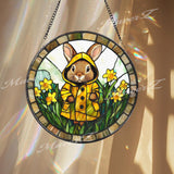 Bunny in Yellow Raincoat Stained Glass Suncatcher, Spring Window Hanging Panel, Cute Rabbit Garden Decor for Kids Room or Easter Gift