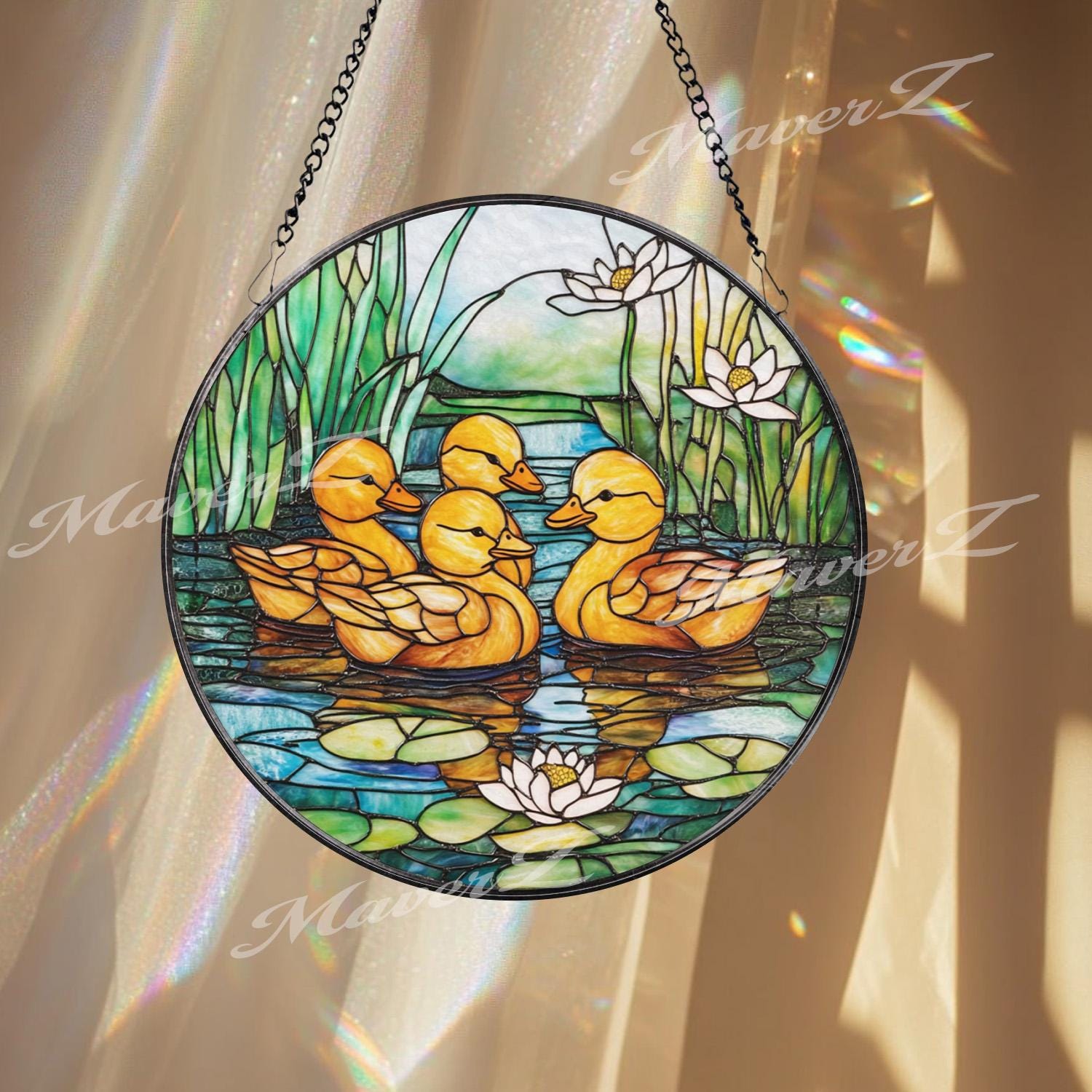 Ducklings Stained Glass Suncatcher, Baby Ducks Window Hanging Panel, Pond Water Lily Glass Art for Spring Garden or Nursery Decor
