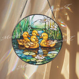 Ducklings Stained Glass Suncatcher, Baby Ducks Window Hanging Panel, Pond Water Lily Glass Art for Spring Garden or Nursery Decor