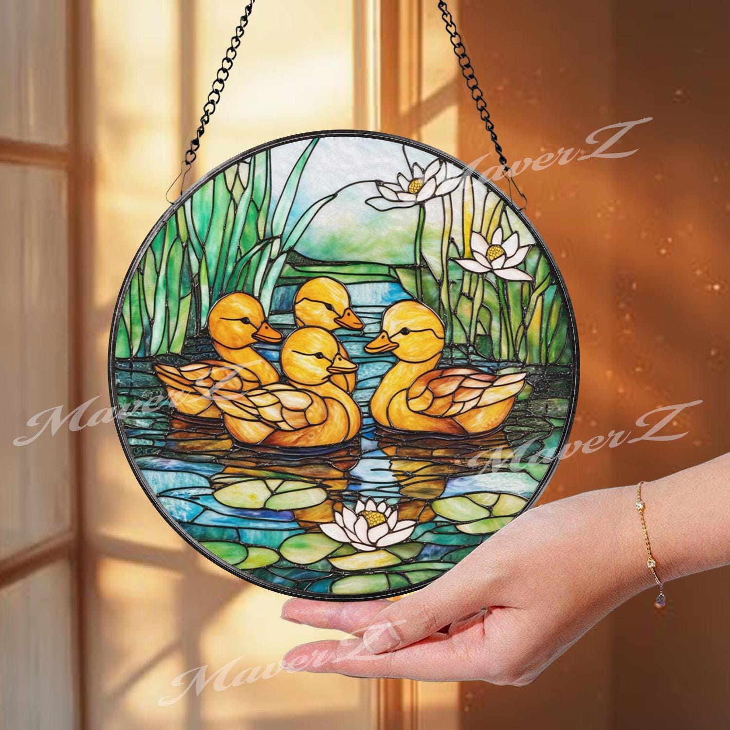 Ducklings Stained Glass Suncatcher, Baby Ducks Window Hanging Panel, Pond Water Lily Glass Art for Spring Garden or Nursery Decor