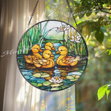 Ducklings Stained Glass Suncatcher, Baby Ducks Window Hanging Panel, Pond Water Lily Glass Art for Spring Garden or Nursery Decor
