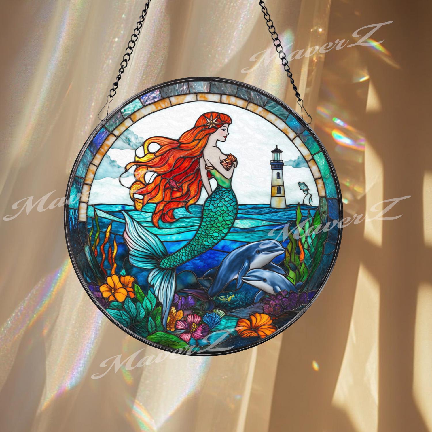 Mermaid Stained Glass Suncatcher, Ocean Fantasy Window Hanging Panel with Lighthouse & Dolphins, Sea Lover Gift for Beach Home Decor