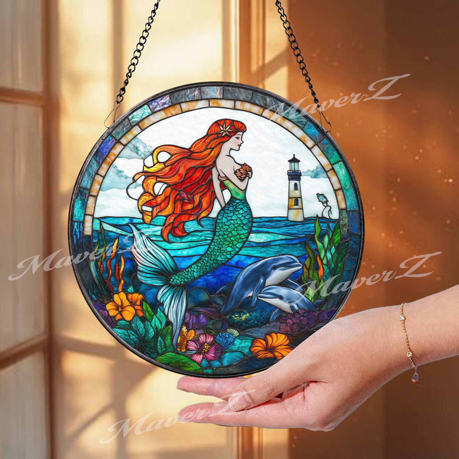 Mermaid Stained Glass Suncatcher, Ocean Fantasy Window Hanging Panel with Lighthouse & Dolphins, Sea Lover Gift for Beach Home Decor