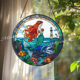 Mermaid Stained Glass Suncatcher, Ocean Fantasy Window Hanging Panel with Lighthouse & Dolphins, Sea Lover Gift for Beach Home Decor
