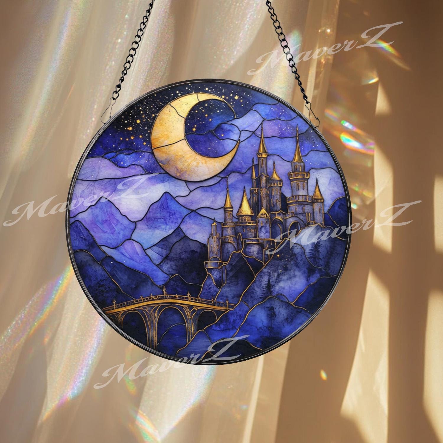 Moonlit Castle Stained Glass Suncatcher, Fantasy Night Sky Window Panel, Mystical Fairytale Decor for Magic Lovers & Dreamy Homes