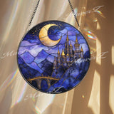 Moonlit Castle Stained Glass Suncatcher, Fantasy Night Sky Window Panel, Mystical Fairytale Decor for Magic Lovers & Dreamy Homes