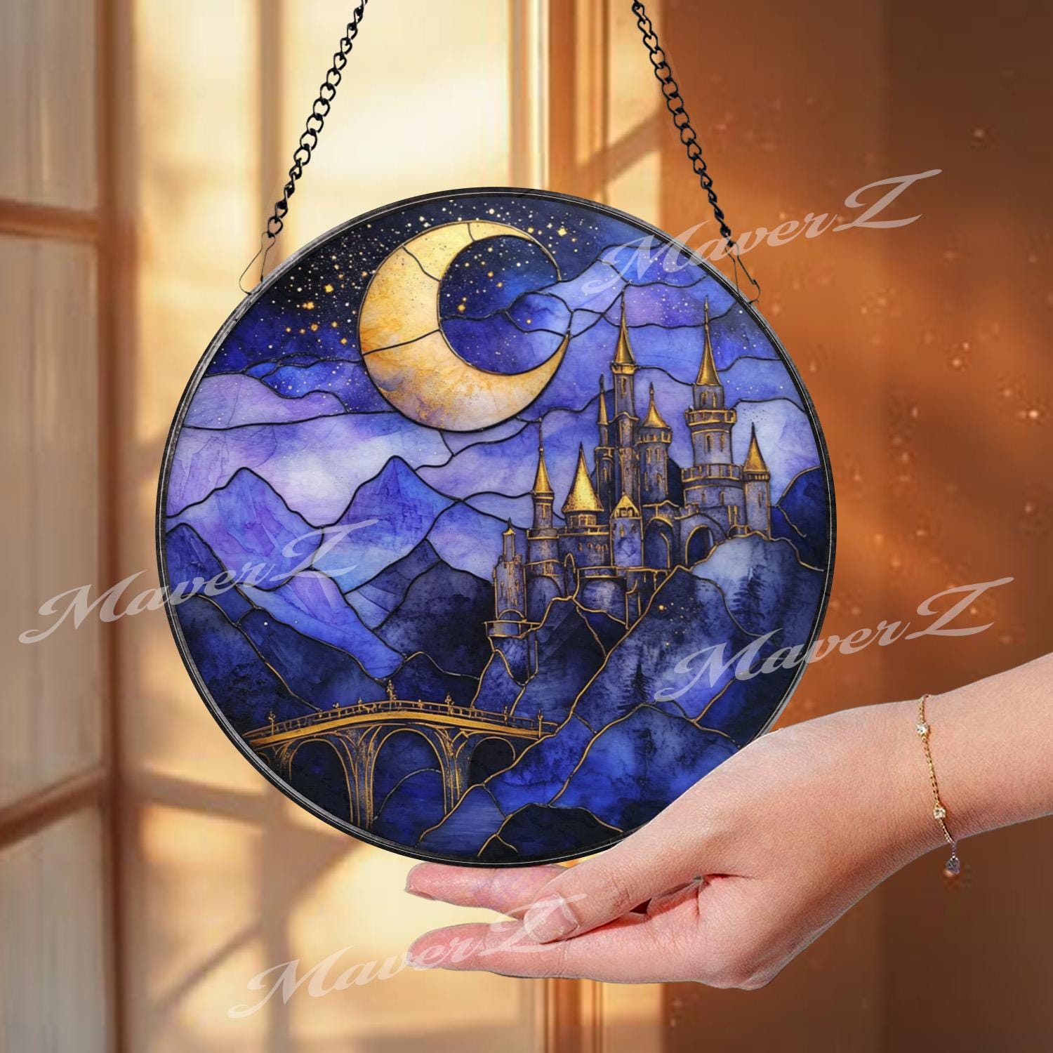 Moonlit Castle Stained Glass Suncatcher, Fantasy Night Sky Window Panel, Mystical Fairytale Decor for Magic Lovers & Dreamy Homes