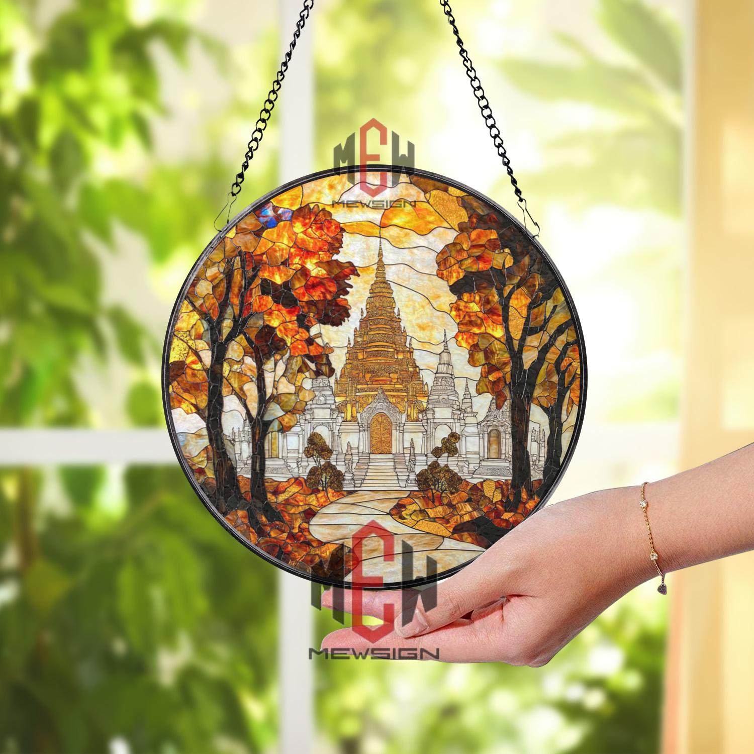 Autumn Temple Stained Glass Suncatcher, Asian Pagoda Window Hanging, Fall Foliage Spiritual Decor, Sacred Nature Art Panel