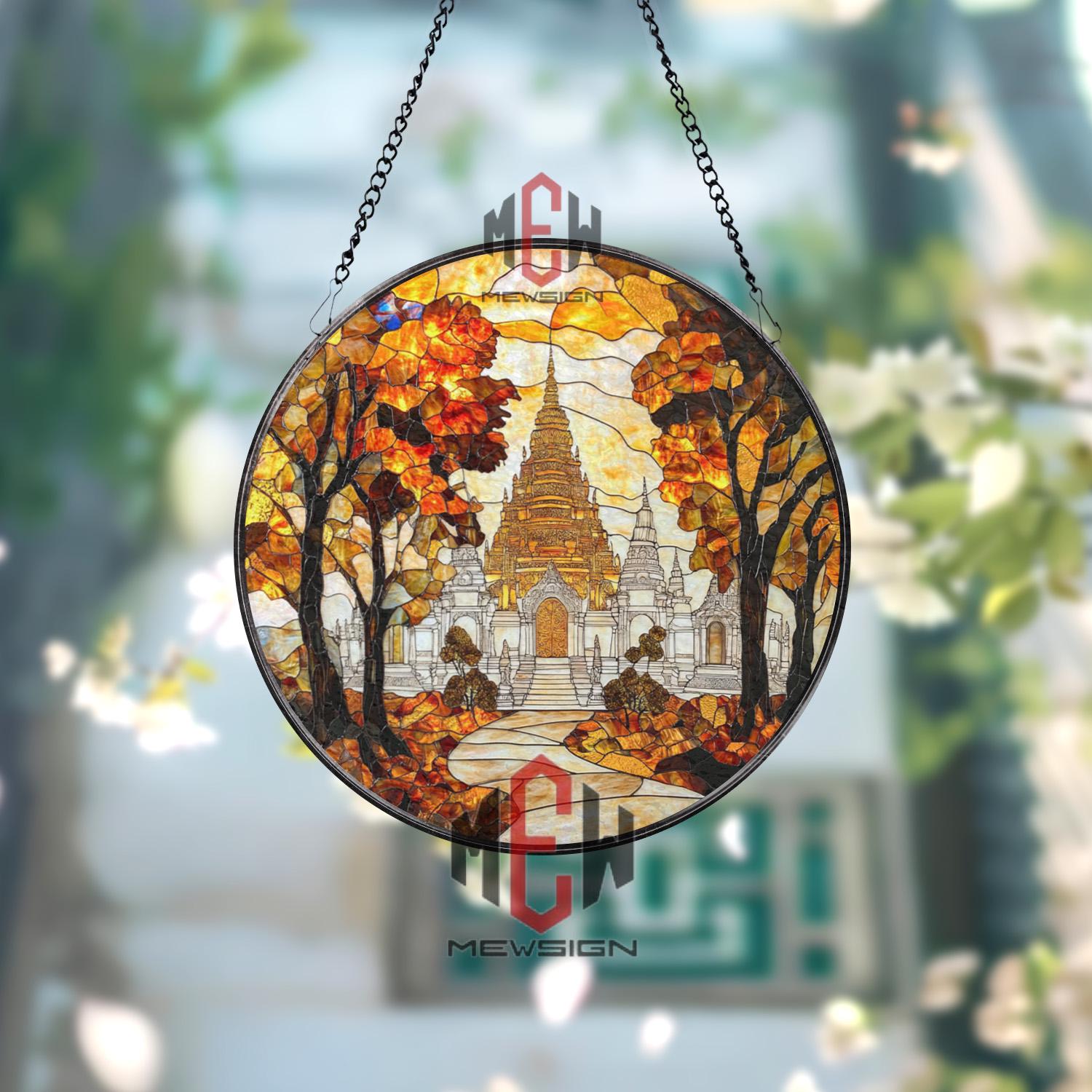 Autumn Temple Stained Glass Suncatcher, Asian Pagoda Window Hanging, Fall Foliage Spiritual Decor, Sacred Nature Art Panel