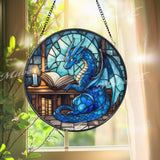 Blue Dragon Reading Book Stained Glass Suncatcher, Enchanted Fantasy Library Window Decor, Magical Creature Gift for Book Lovers & RPG Fans