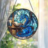 Blue Dragon Reading Book Stained Glass Suncatcher, Enchanted Fantasy Library Window Decor, Magical Creature Gift for Book Lovers & RPG Fans