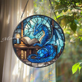 Blue Dragon Reading Book Stained Glass Suncatcher, Enchanted Fantasy Library Window Decor, Magical Creature Gift for Book Lovers & RPG Fans