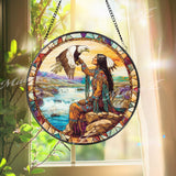 Native American Woman and Eagle Stained Glass Suncatcher, Spirit Animal Window Art, Cultural Nature Decor Gift for Home