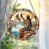 Native American Woman and Eagle Stained Glass Suncatcher, Spirit Animal Window Art, Cultural Nature Decor Gift for Home