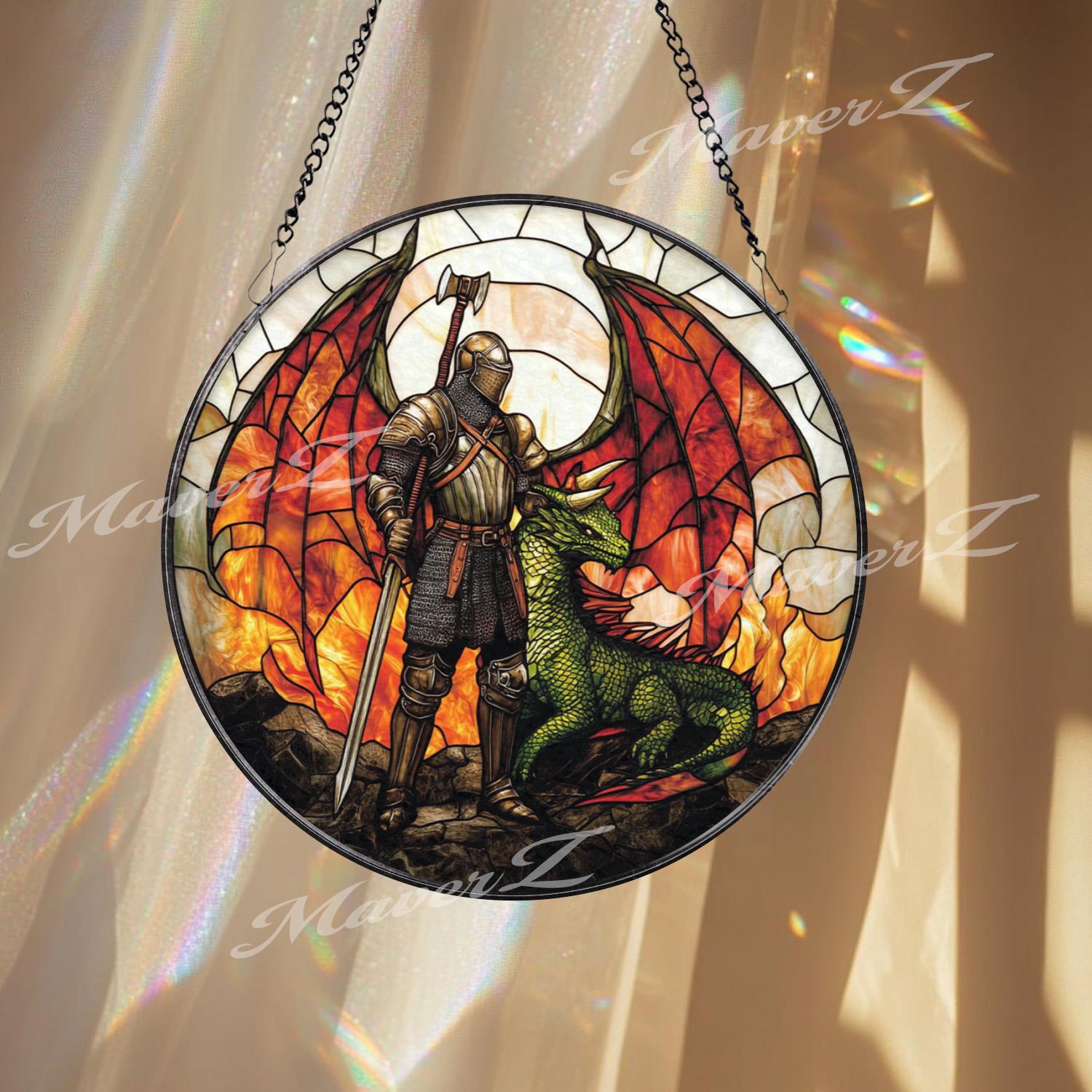 Knight and Dragon Stained Glass Suncatcher, Medieval Fantasy Window Hanging, Warrior Guardian Decor for Fantasy Lover Gift