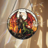 Knight and Dragon Stained Glass Suncatcher, Medieval Fantasy Window Hanging, Warrior Guardian Decor for Fantasy Lover Gift