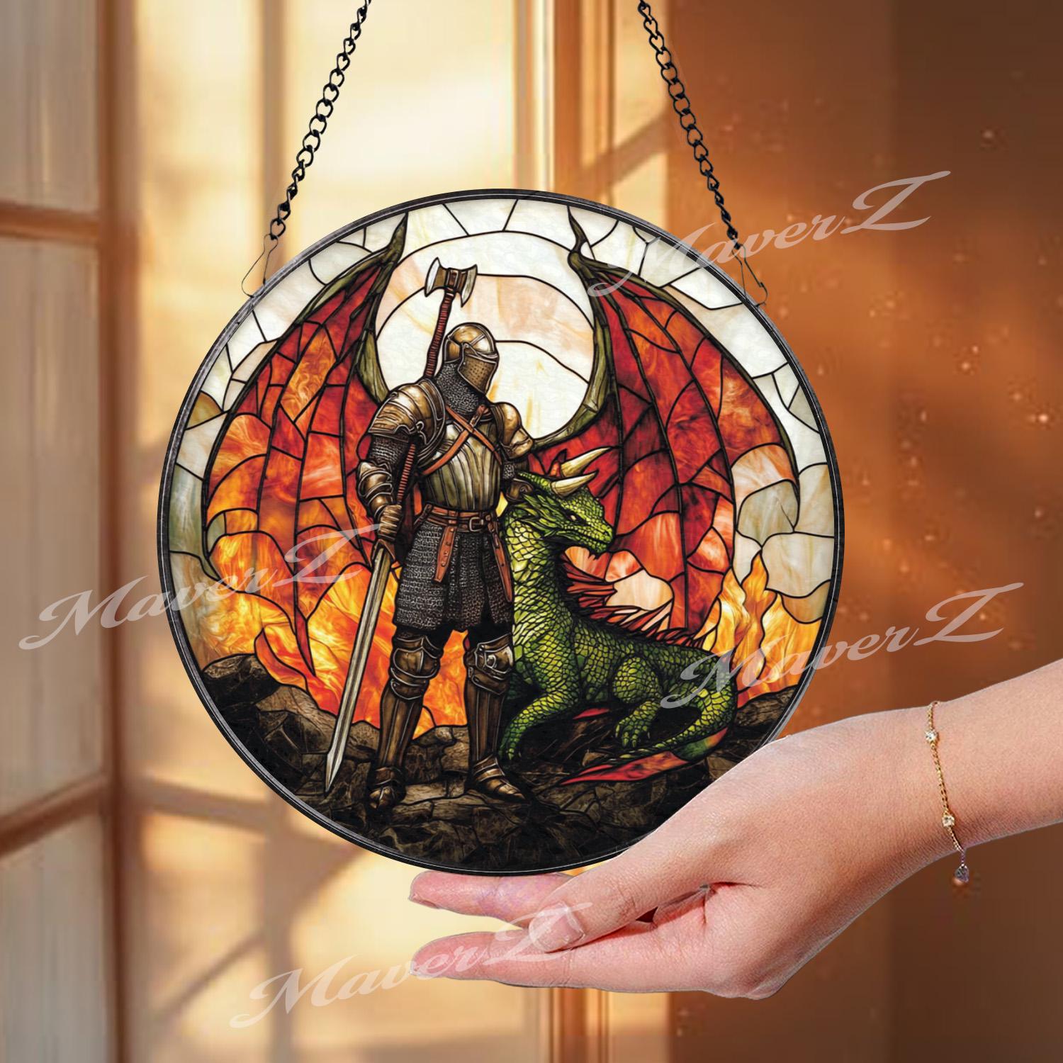 Knight and Dragon Stained Glass Suncatcher, Medieval Fantasy Window Hanging, Warrior Guardian Decor for Fantasy Lover Gift