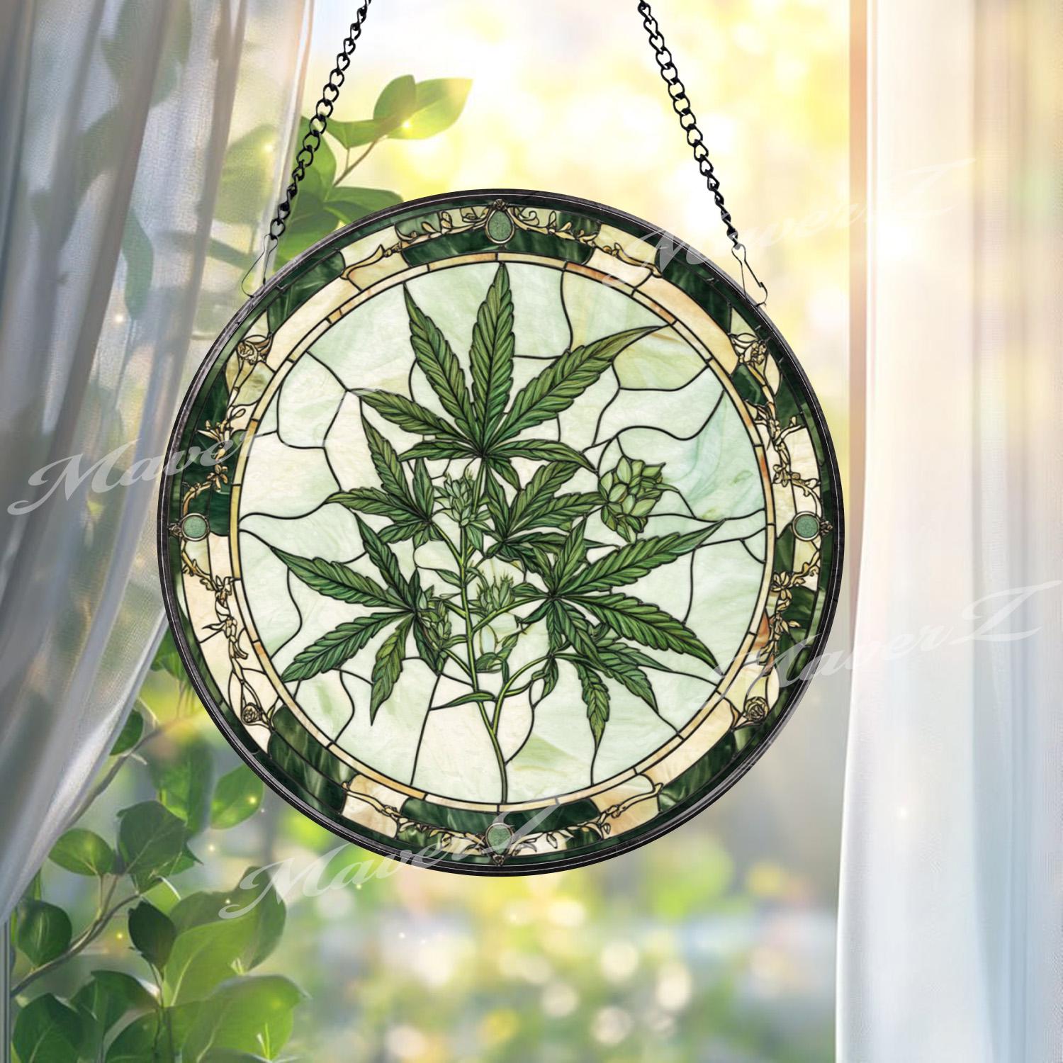 Marijuana Leaf Stained Glass Suncatcher, Cannabis Plant Window Hanging, Stoner Home Decor, Unique Gift for Weed Lover