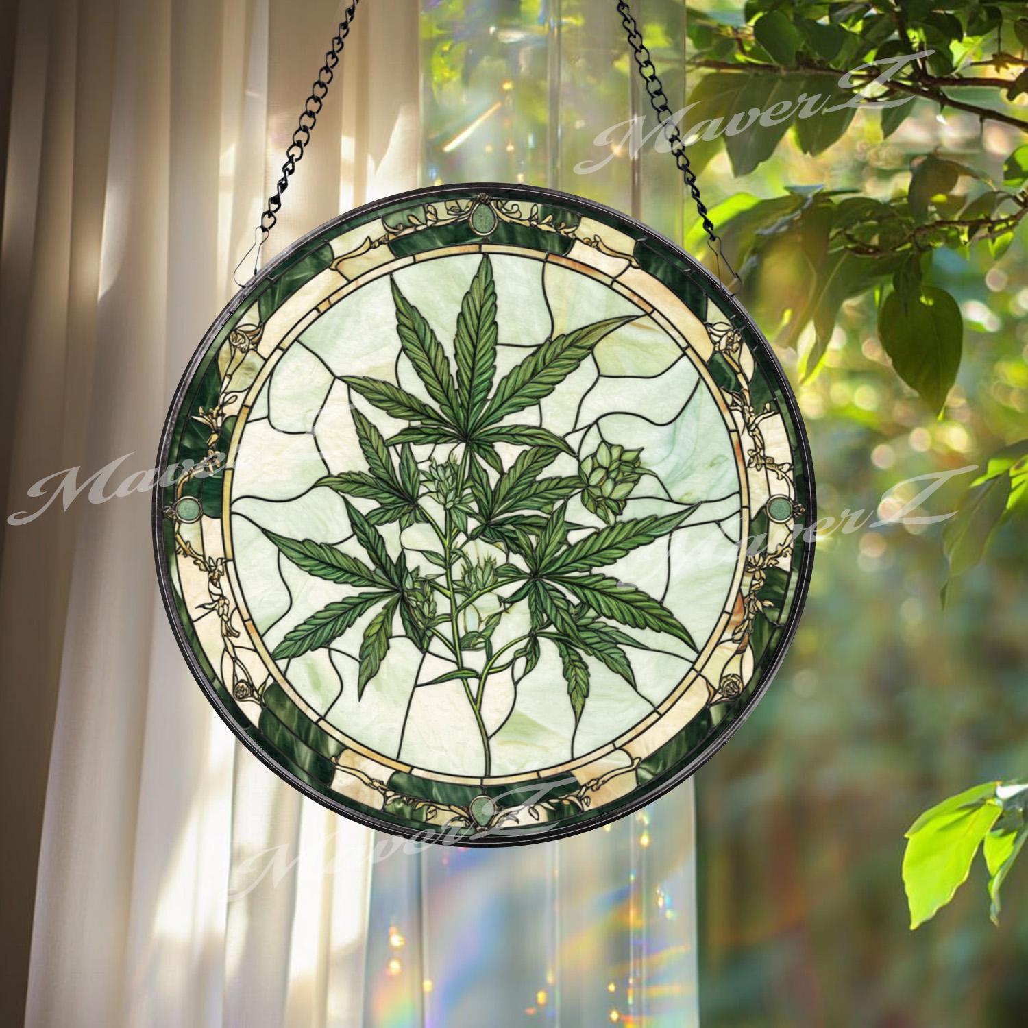 Marijuana Leaf Stained Glass Suncatcher, Cannabis Plant Window Hanging, Stoner Home Decor, Unique Gift for Weed Lover