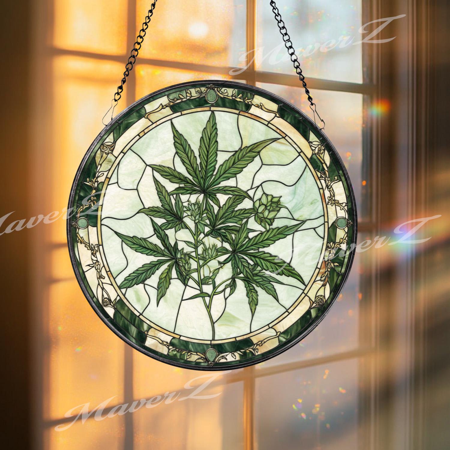 Marijuana Leaf Stained Glass Suncatcher, Cannabis Plant Window Hanging, Stoner Home Decor, Unique Gift for Weed Lover