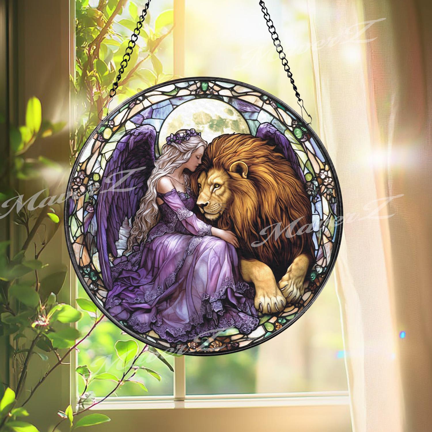 Fairy and Lion Stained Glass Suncatcher, Enchanted Purple Angel Window Decor, Fantasy Creature Art Gift for Her or Nature Lovers
