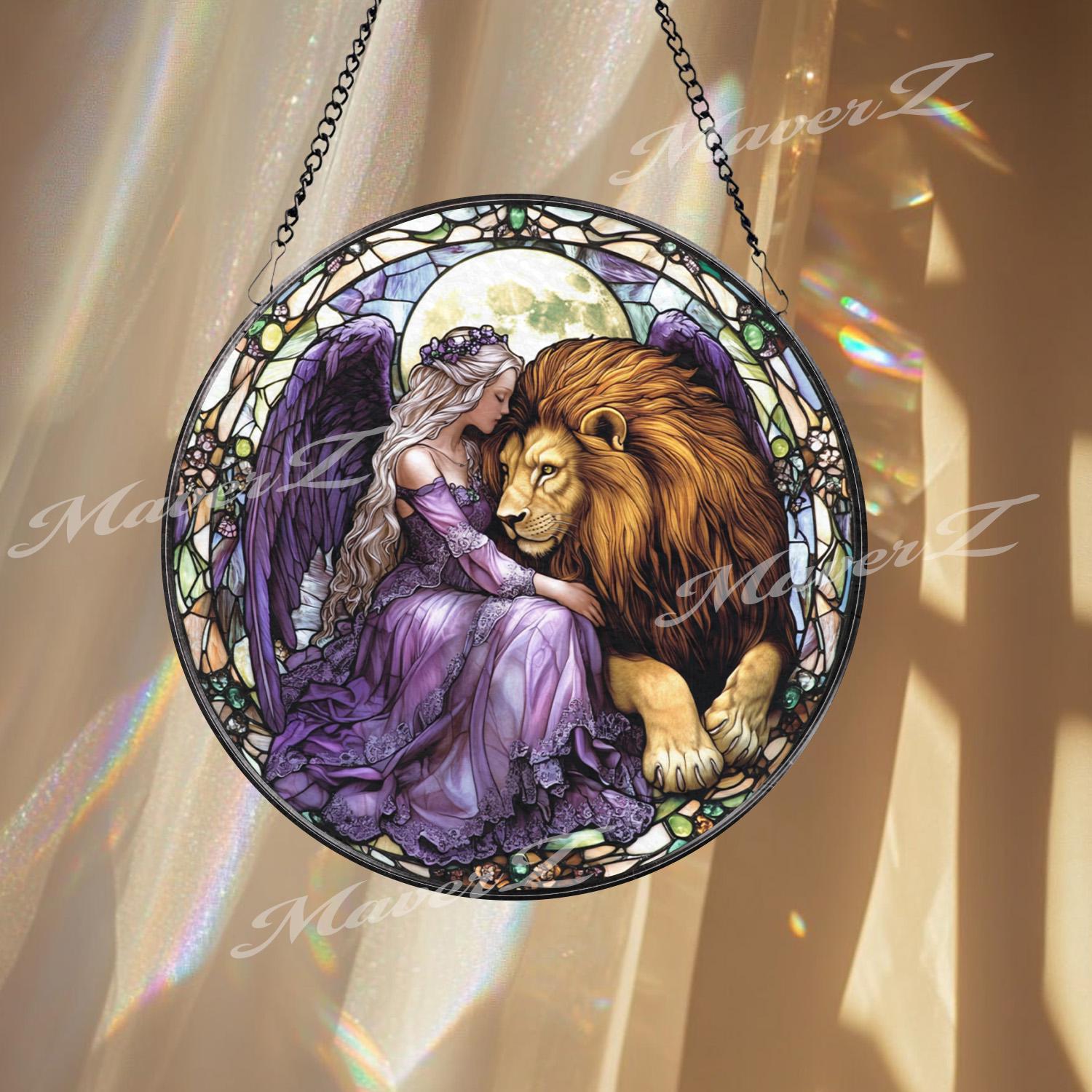 Fairy and Lion Stained Glass Suncatcher, Enchanted Purple Angel Window Decor, Fantasy Creature Art Gift for Her or Nature Lovers