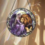 Fairy and Lion Stained Glass Suncatcher, Enchanted Purple Angel Window Decor, Fantasy Creature Art Gift for Her or Nature Lovers