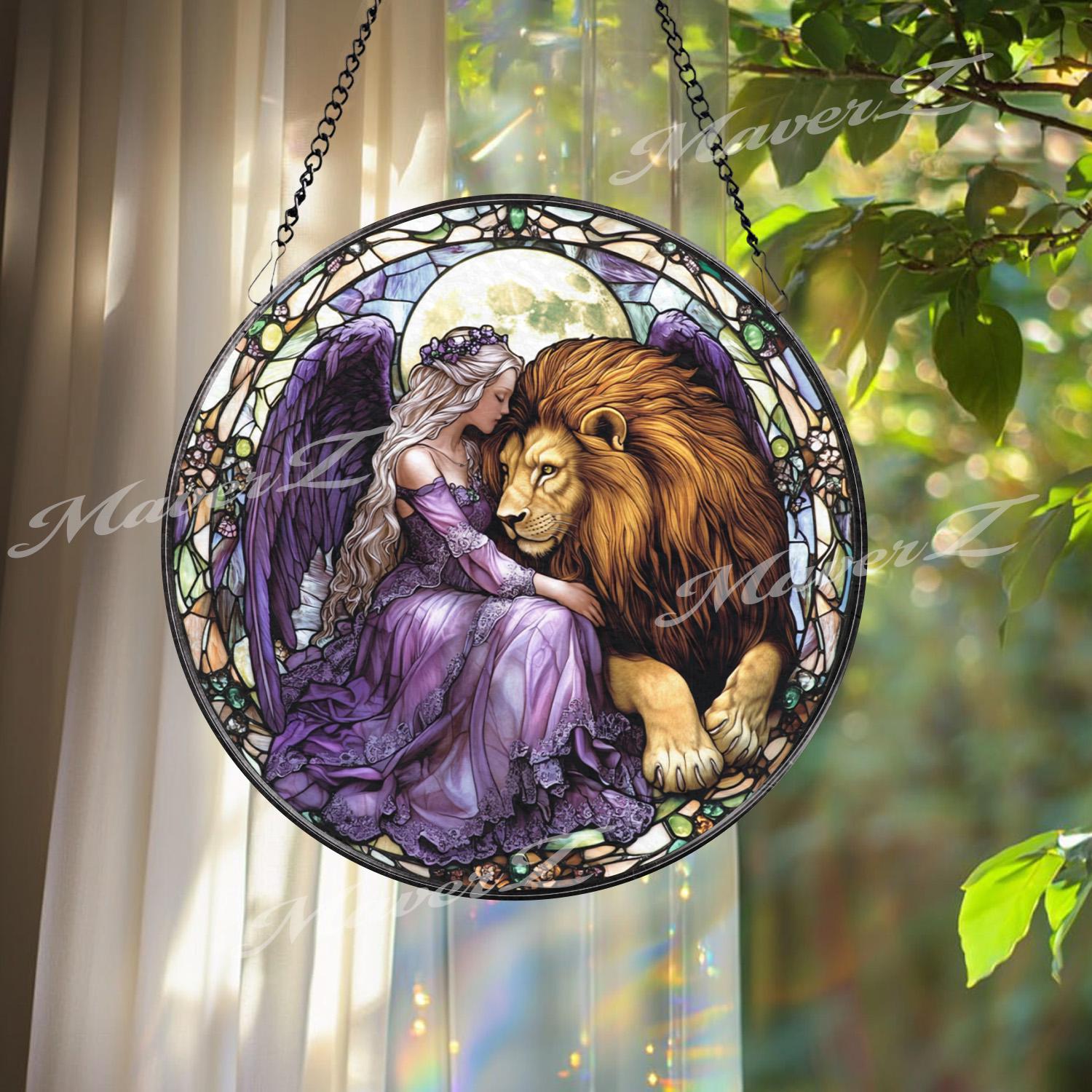 Fairy and Lion Stained Glass Suncatcher, Enchanted Purple Angel Window Decor, Fantasy Creature Art Gift for Her or Nature Lovers